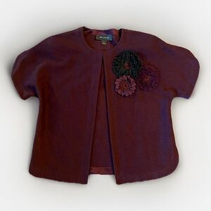 ST JOHN Eggplant Knit Jacket, Single Clasp, Short Sleeve, Floral Appliqué, Sz 2